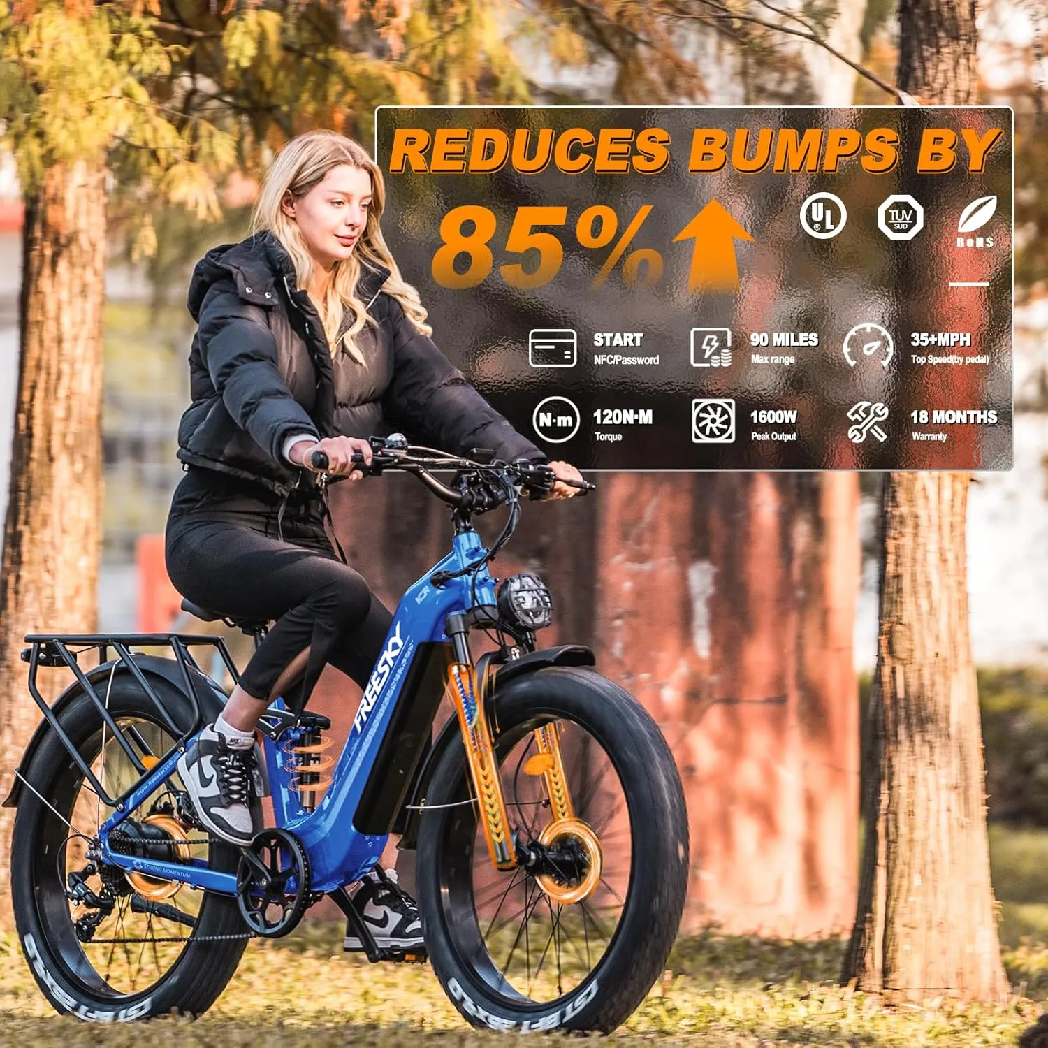 FREESKY Electric Bike for Adults, 35MPH & 105Miles Long Range Ebike, 1600W Power, 25A Samsung Cells Battery, Step-Thru 26'' Fat Tire Full Suspension E Bike for Commute Beach Snow Mountains