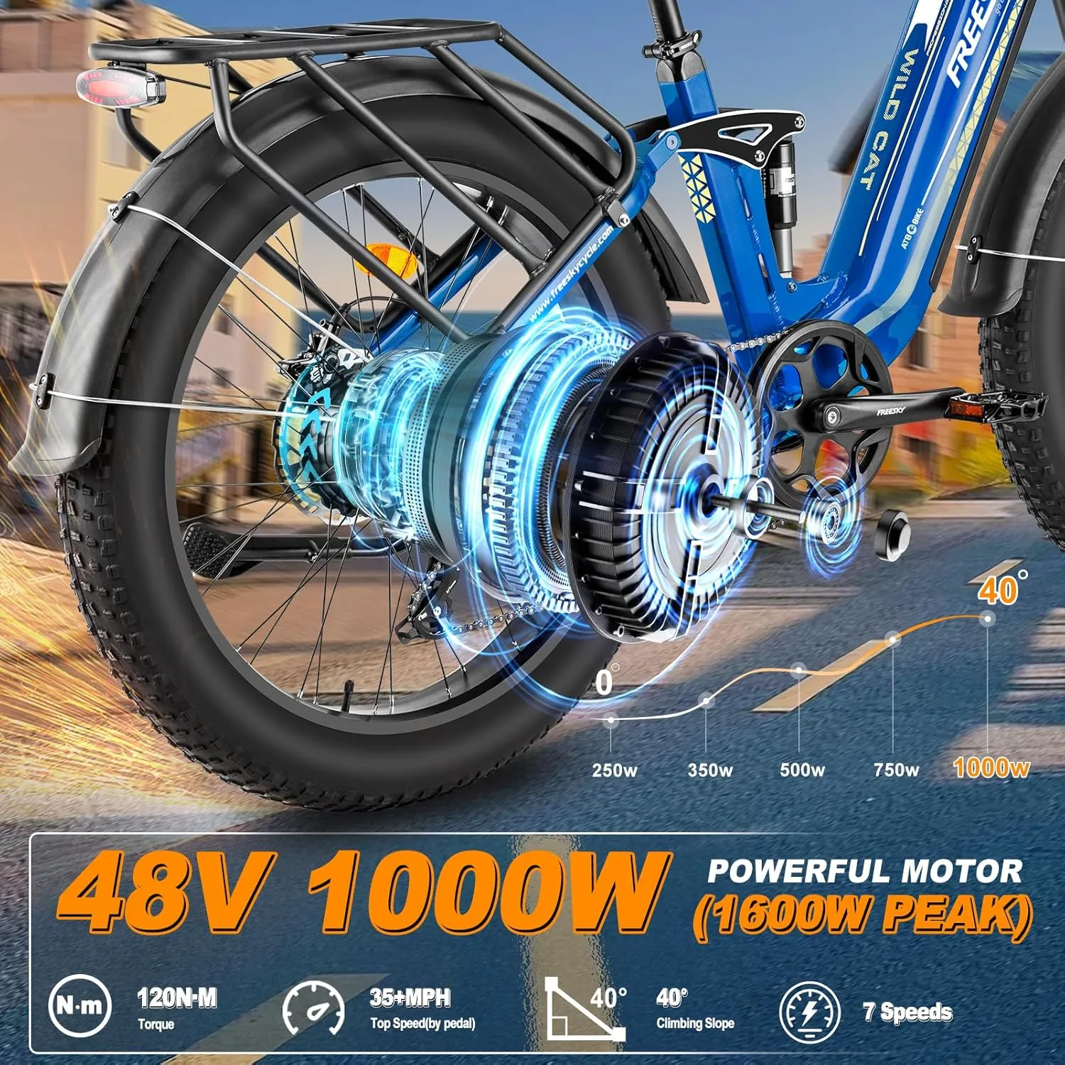 FREESKY Electric Bike for Adults, 35MPH & 105Miles Long Range Ebike, 1600W Power, 25A Samsung Cells Battery, Step-Thru 26'' Fat Tire Full Suspension E Bike for Commute Beach Snow Mountains