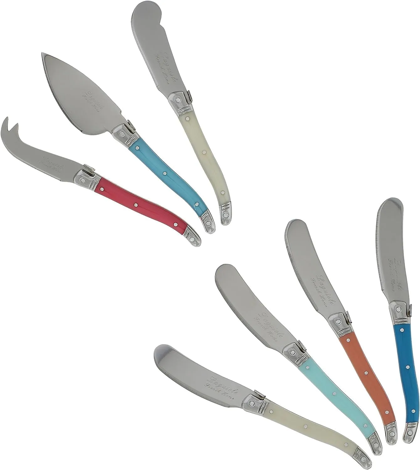 French Home Laguiole 7-Piece Cheese Knife Set - Includes Stainless Steel Spade, Spear Knife, Soft Cheese Knife & 4 Spreaders with Three-Rivet Curved Coral & Turquoise Handle and Bee Emblem