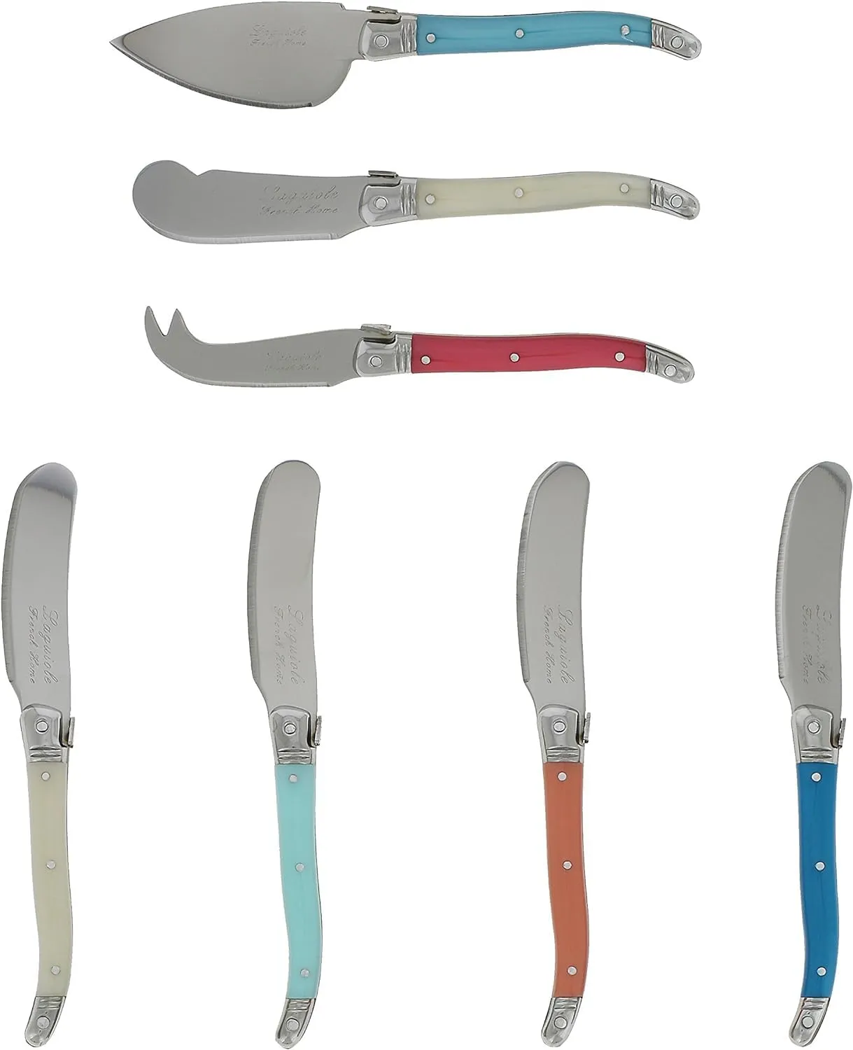 French Home Laguiole 7-Piece Cheese Knife Set - Includes Stainless Steel Spade, Spear Knife, Soft Cheese Knife & 4 Spreaders with Three-Rivet Curved Coral & Turquoise Handle and Bee Emblem
