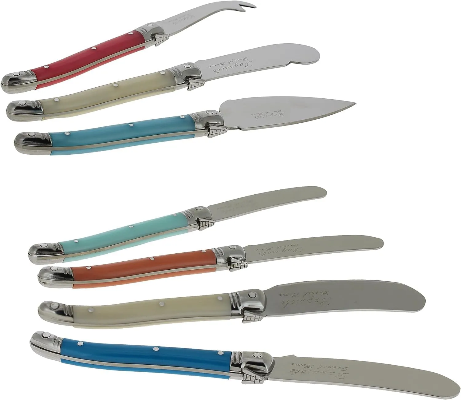 French Home Laguiole 7-Piece Cheese Knife Set - Includes Stainless Steel Spade, Spear Knife, Soft Cheese Knife & 4 Spreaders with Three-Rivet Curved Coral & Turquoise Handle and Bee Emblem