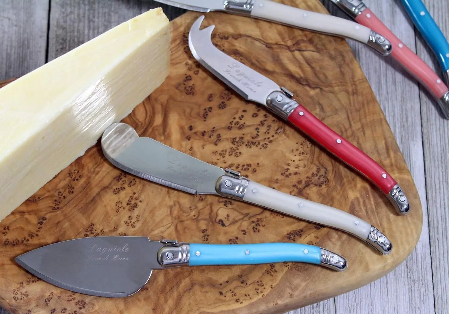 French Home Laguiole 7-Piece Cheese Knife Set - Includes Stainless Steel Spade, Spear Knife, Soft Cheese Knife & 4 Spreaders with Three-Rivet Curved Coral & Turquoise Handle and Bee Emblem