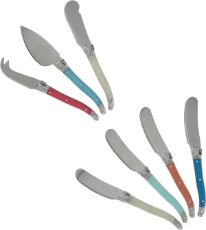 French Home Laguiole 7-Piece Cheese Knife Set - Includes Stainless Steel Spade, Spear Knife, Soft Cheese Knife & 4 Spreaders with Three-Rivet Curved Coral & Turquoise Handle and Bee Emblem