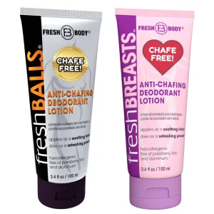 Fresh Breasts   Fresh Balls: Anti-Chafing Cream, Deodorant Lotion to Powder for Men & Women, Anti-Friction for Thighs, Legs, Groin, Breasts, Belly, Butt - Talc Free, Aluminum Free - 3.4 fl oz
