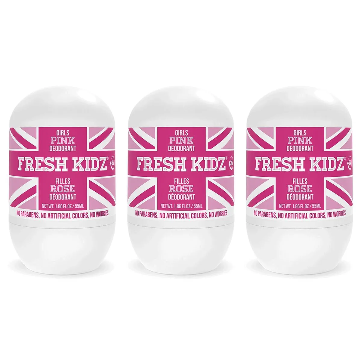 Fresh Kidz Roll On Deodorant for Kids and Teens - Baking Soda and Aluminum-free 24 Hour Protection for Sensitive Skin - Girls "Pink" 1.86 fl.oz. (3 Pack)