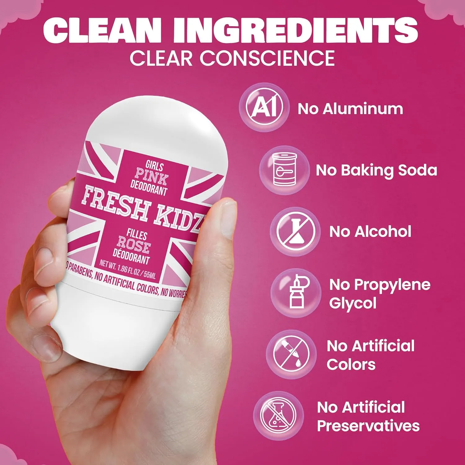 Fresh Kidz Roll On Deodorant for Kids and Teens - Baking Soda and Aluminum-free 24 Hour Protection for Sensitive Skin - Girls "Pink" 1.86 fl.oz. (3 Pack)