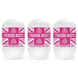 Fresh Kidz Roll On Deodorant for Kids and Teens - Baking Soda and Aluminum-free 24 Hour Protection for Sensitive Skin - Girls "Pink" 1.86 fl.oz. (3 Pack)