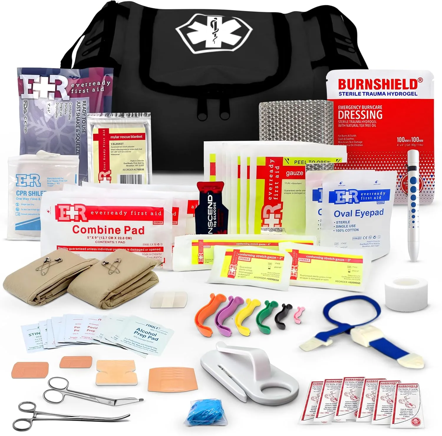 Fully Stocked Trauma First Aid Kit – First Responder II Bag with Tools, Gauze, Bandages, Scissors & Gloves – Compact & Portable – OSHA and ANSI Compliant – Black - FSA/HSA Eligible