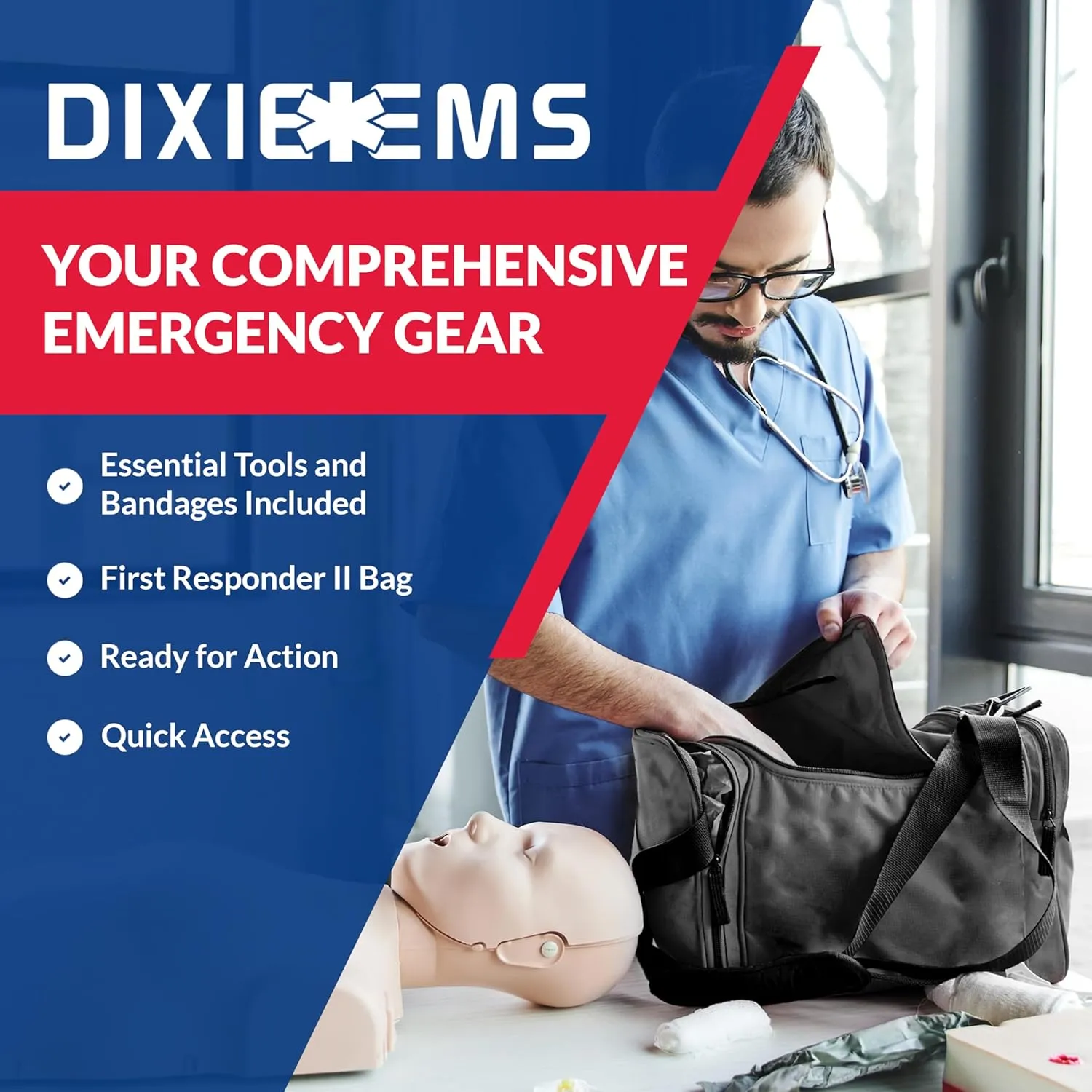 Fully Stocked Trauma First Aid Kit – First Responder II Bag with Tools, Gauze, Bandages, Scissors & Gloves – Compact & Portable – OSHA and ANSI Compliant – Black - FSA/HSA Eligible
