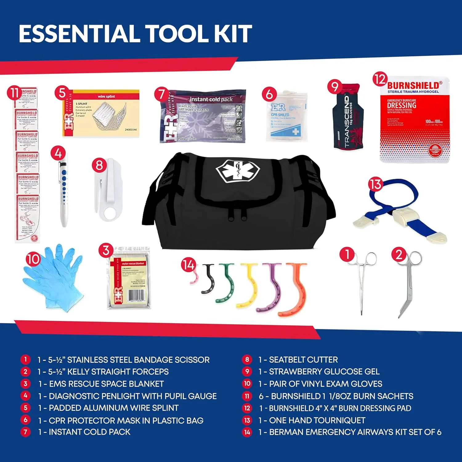 Fully Stocked Trauma First Aid Kit – First Responder II Bag with Tools, Gauze, Bandages, Scissors & Gloves – Compact & Portable – OSHA and ANSI Compliant – Black - FSA/HSA Eligible