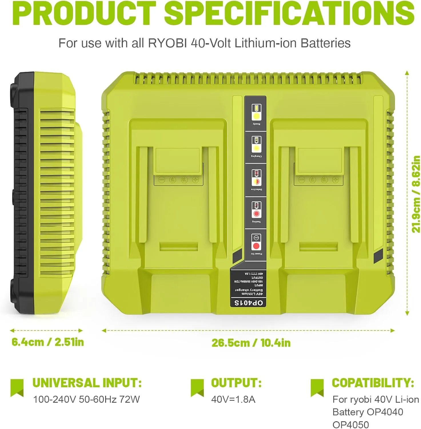 Futurebatt OP401 40V Lithium Battery Charger Dual Ports Fast Charger Compatible with Ryobi 40V Lithium-ion OP4015 OP4026 OP4030 OP4040 OP4050 OP4060 OP40261 OP40301 OP40401 OP40501 OP40601