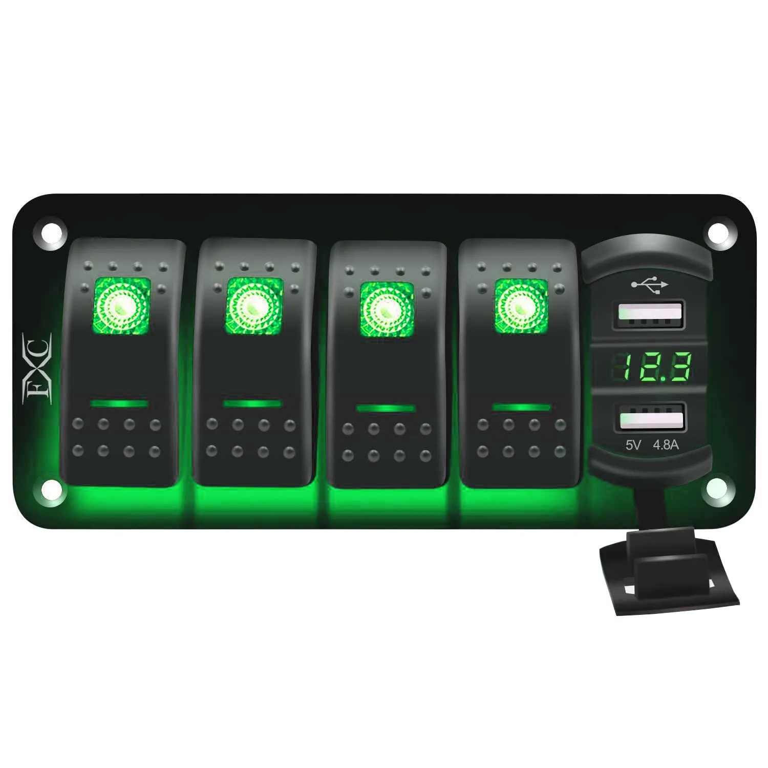 FXC 12V 24V DC 4 Gang Rocker Switch Aluminum Panel with Voltmeter & Dual USB(4.8 A) Fast Charging, Green Backlit Led, Pre-Wired Waterproof for Marine, Boat, Car, Truck, Polaris, Jeep (Green)
