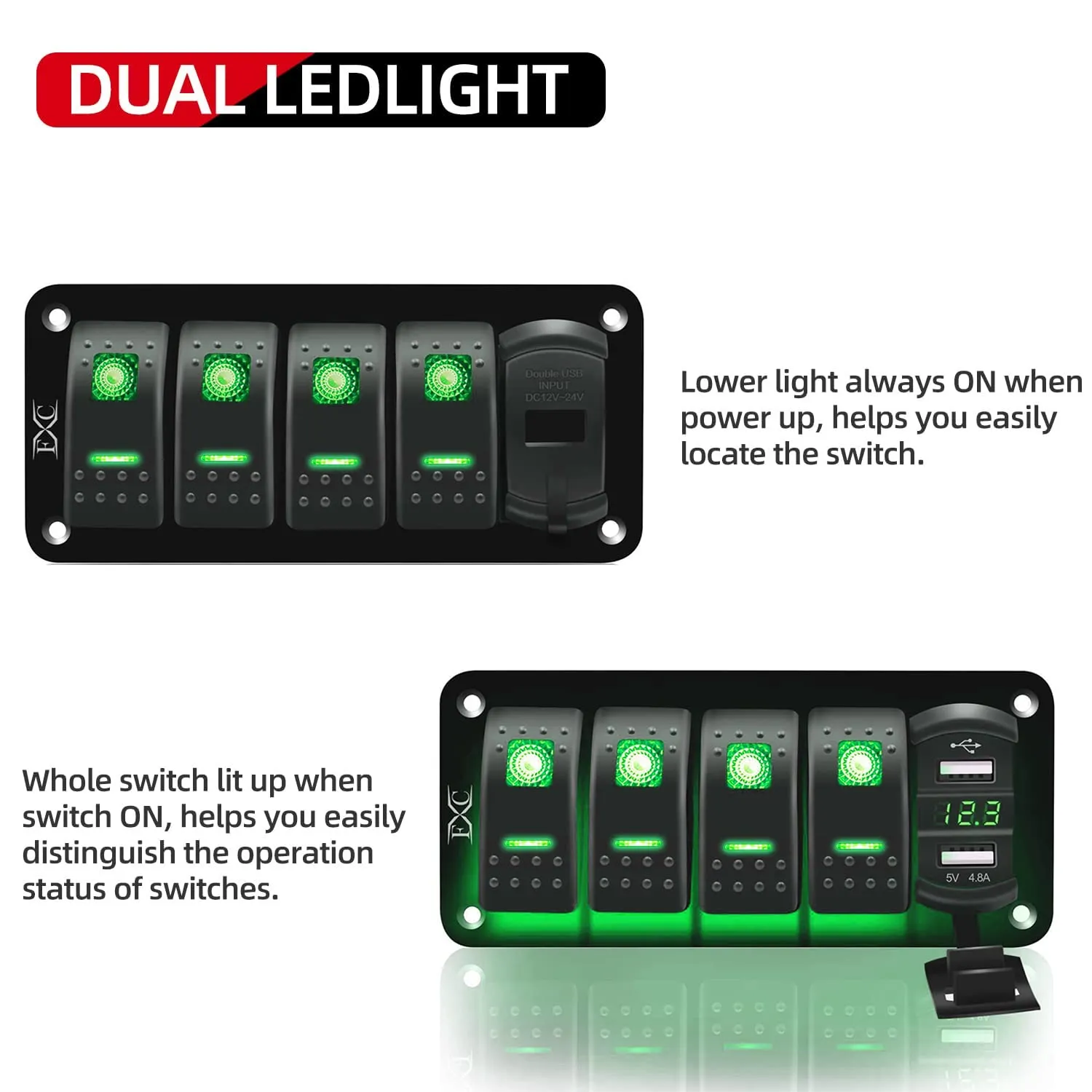 FXC 12V 24V DC 4 Gang Rocker Switch Aluminum Panel with Voltmeter & Dual USB(4.8 A) Fast Charging, Green Backlit Led, Pre-Wired Waterproof for Marine, Boat, Car, Truck, Polaris, Jeep (Green)