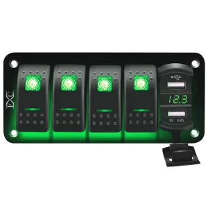 FXC 12V 24V DC 4 Gang Rocker Switch Aluminum Panel with Voltmeter & Dual USB(4.8 A) Fast Charging, Green Backlit Led, Pre-Wired Waterproof for Marine, Boat, Car, Truck, Polaris, Jeep (Green)