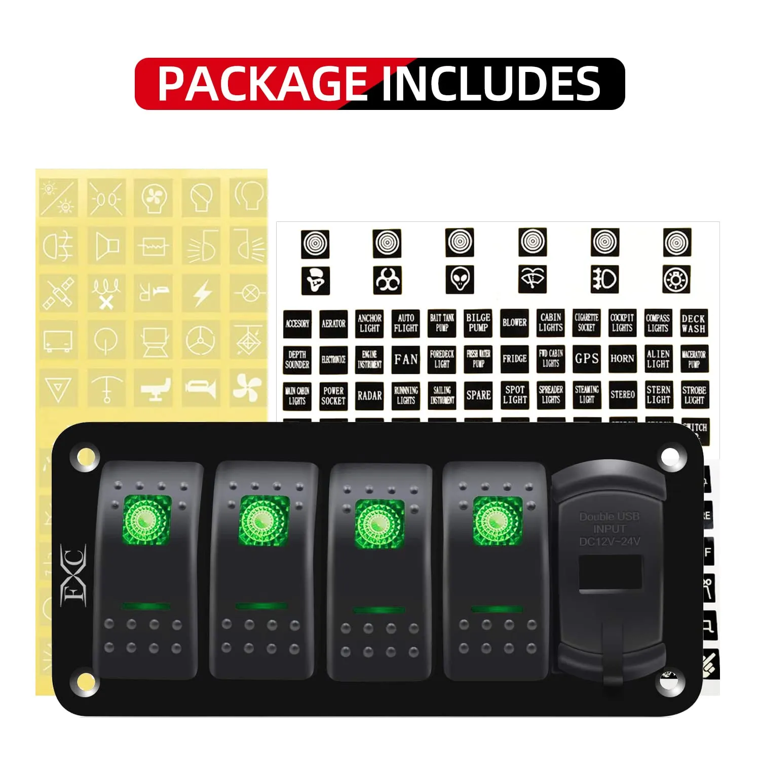 FXC 12V 24V DC 4 Gang Rocker Switch Aluminum Panel with Voltmeter & Dual USB(4.8 A) Fast Charging, Green Backlit Led, Pre-Wired Waterproof for Marine, Boat, Car, Truck, Polaris, Jeep (Green)