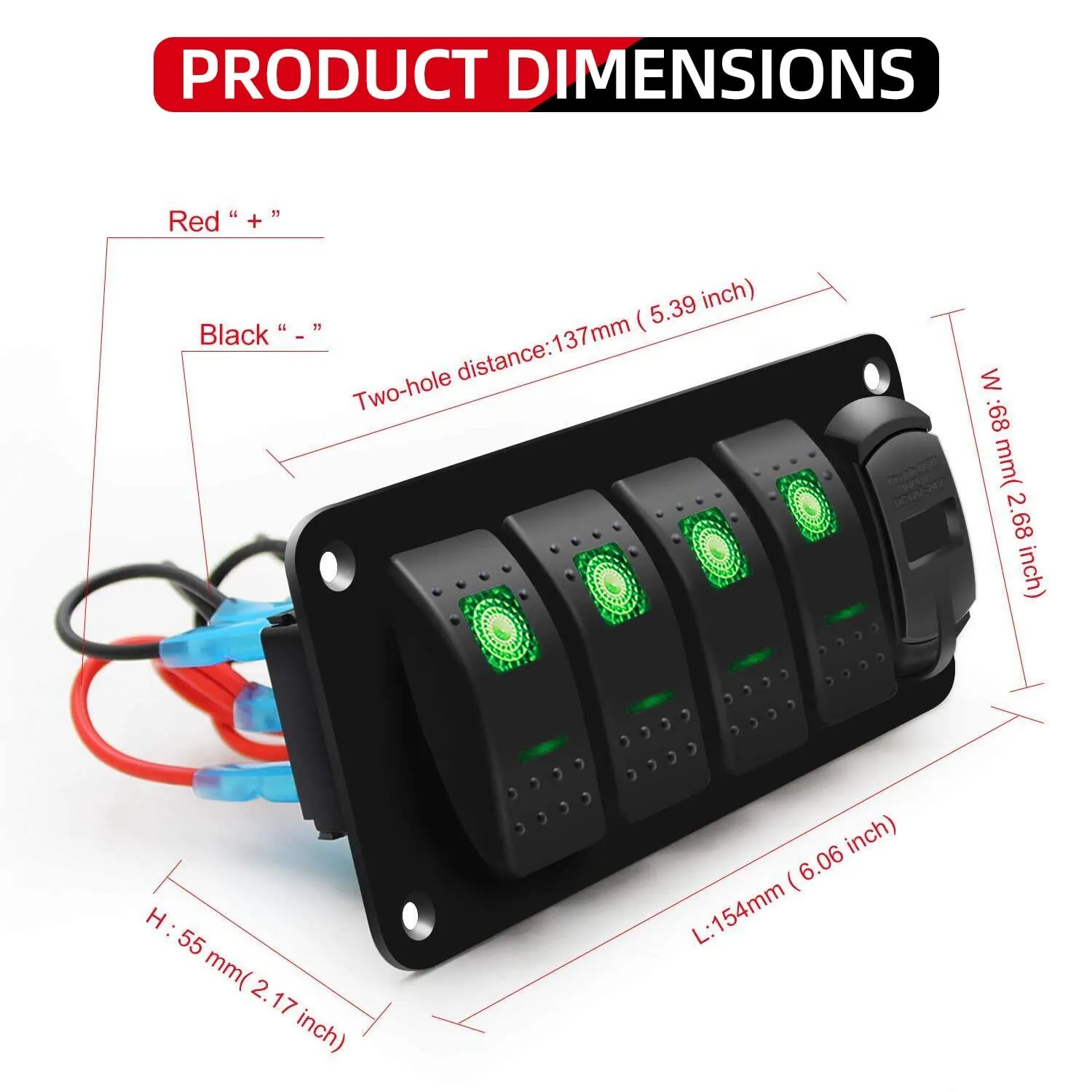 FXC 12V 24V DC 4 Gang Rocker Switch Aluminum Panel with Voltmeter & Dual USB(4.8 A) Fast Charging, Green Backlit Led, Pre-Wired Waterproof for Marine, Boat, Car, Truck, Polaris, Jeep (Green)