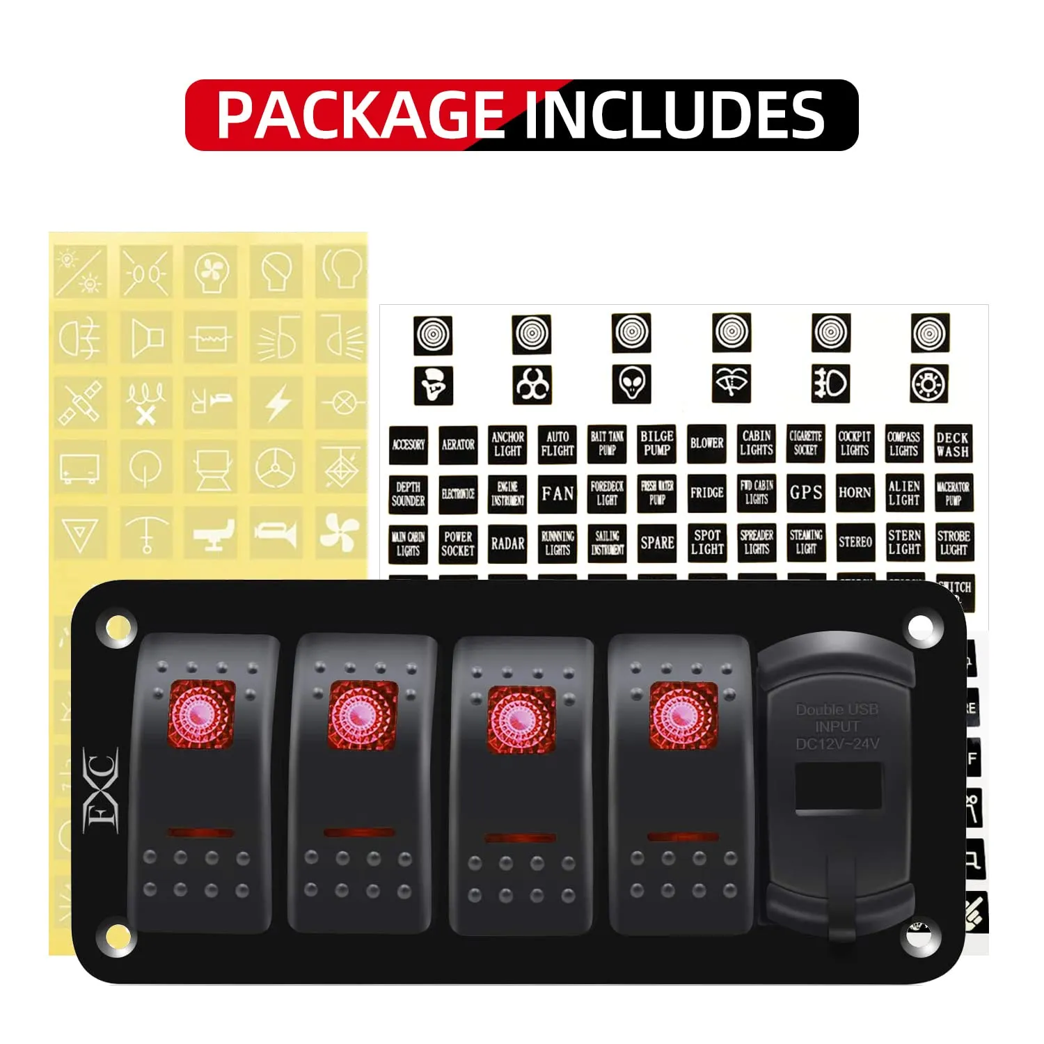 FXC 12V 24V DC 4 Gang Rocker Switch Aluminum Panel with Voltmeter & Dual USB(4.8 A) Fast Charging, Red Backlit Led, Pre-Wired Waterproof for Marine, Boat, Car, Truck, Polaris, Jeep (Red)
