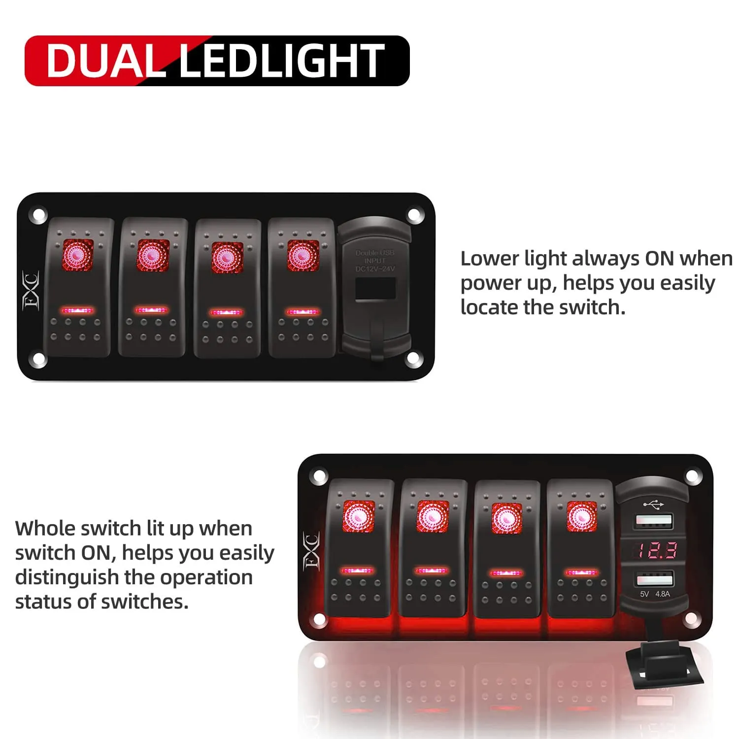 FXC 12V 24V DC 4 Gang Rocker Switch Aluminum Panel with Voltmeter & Dual USB(4.8 A) Fast Charging, Red Backlit Led, Pre-Wired Waterproof for Marine, Boat, Car, Truck, Polaris, Jeep (Red)