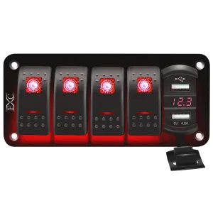 FXC 12V 24V DC 4 Gang Rocker Switch Aluminum Panel with Voltmeter & Dual USB(4.8 A) Fast Charging, Red Backlit Led, Pre-Wired Waterproof for Marine, Boat, Car, Truck, Polaris, Jeep (Red)
