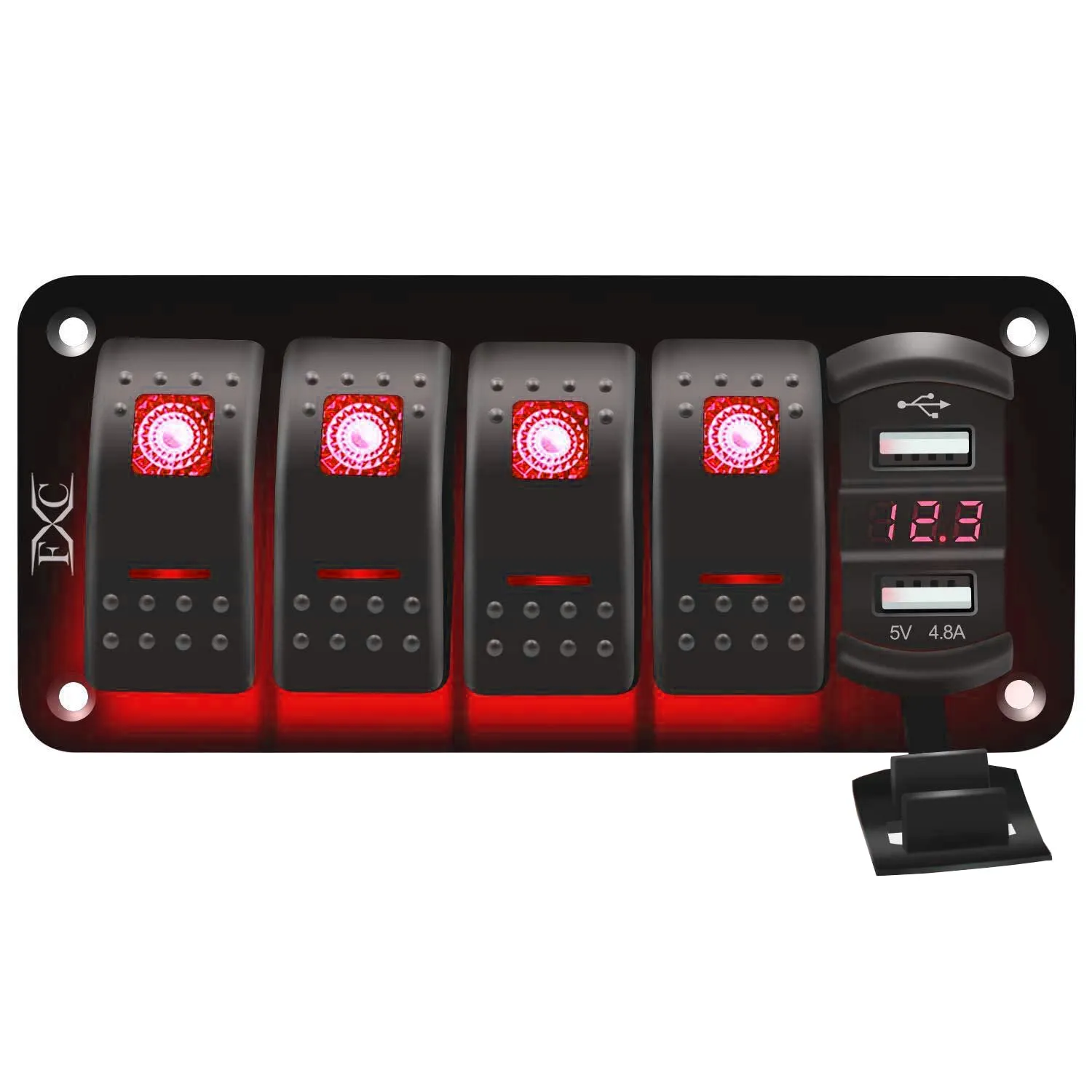 FXC 12V 24V DC 4 Gang Rocker Switch Aluminum Panel with Voltmeter & Dual USB(4.8 A) Fast Charging, Red Backlit Led, Pre-Wired Waterproof for Marine, Boat, Car, Truck, Polaris, Jeep (Red)