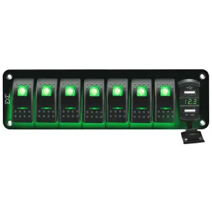 FXC 12V 24V DC 7 Gang Rocker Switch Aluminum Panel with Voltmeter & Dual USB(4.8 A) Fast Charging, Green Backlit Led, Pre-Wired Waterproof for Marine, Boat, Car, Truck, Polaris, Jeep (Green)