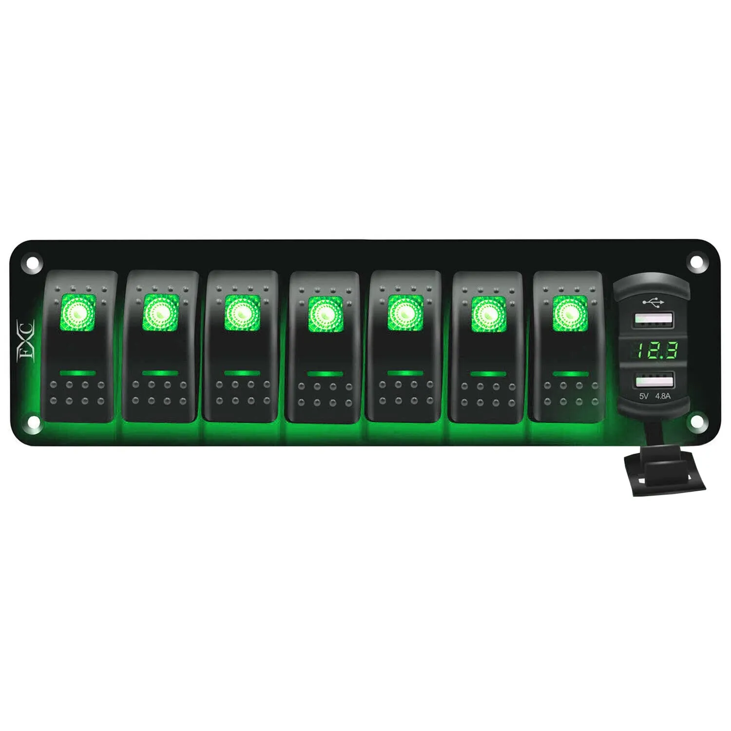 FXC 12V 24V DC 7 Gang Rocker Switch Aluminum Panel with Voltmeter & Dual USB(4.8 A) Fast Charging, Green Backlit Led, Pre-Wired Waterproof for Marine, Boat, Car, Truck, Polaris, Jeep (Green)