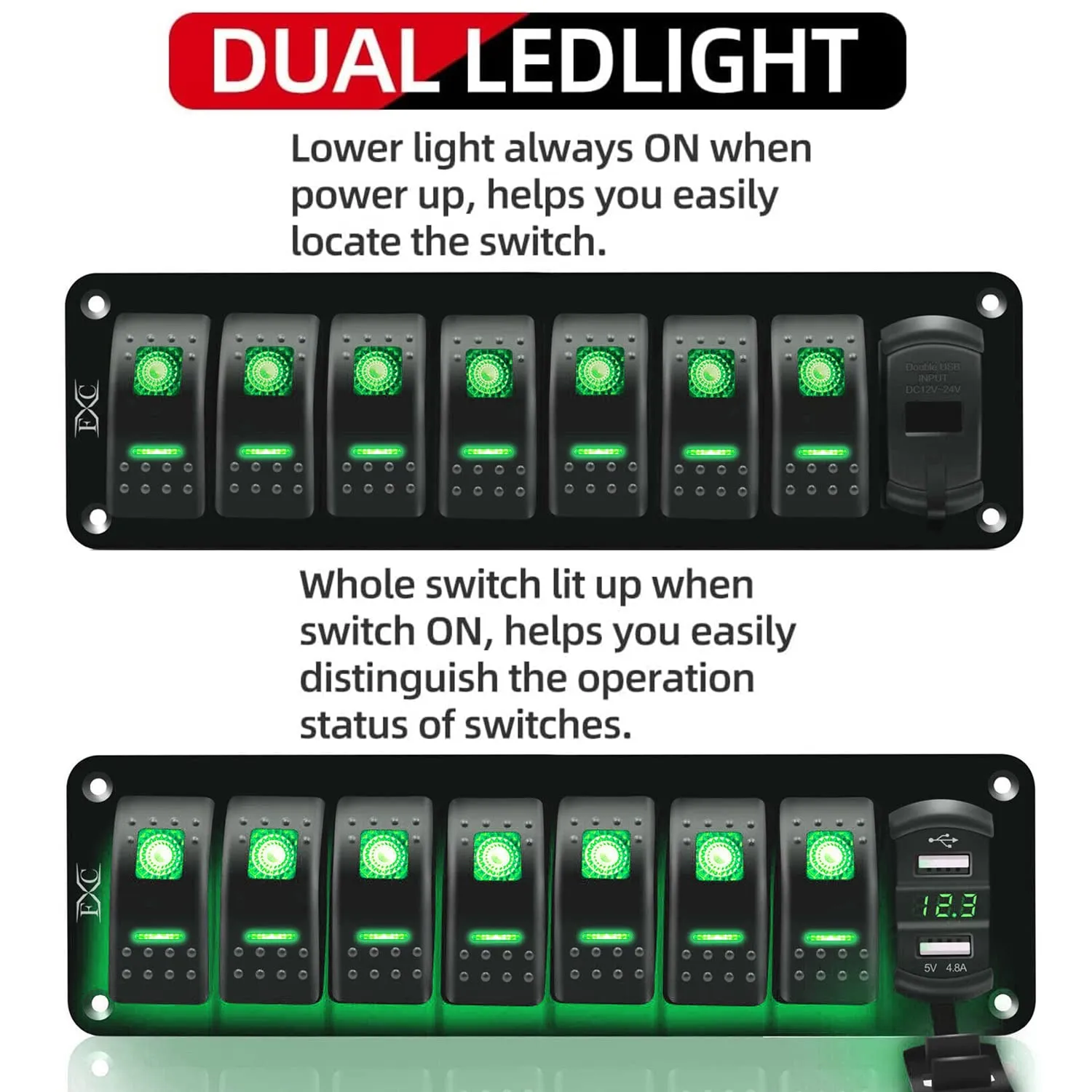 FXC 12V 24V DC 7 Gang Rocker Switch Aluminum Panel with Voltmeter & Dual USB(4.8 A) Fast Charging, Green Backlit Led, Pre-Wired Waterproof for Marine, Boat, Car, Truck, Polaris, Jeep (Green)