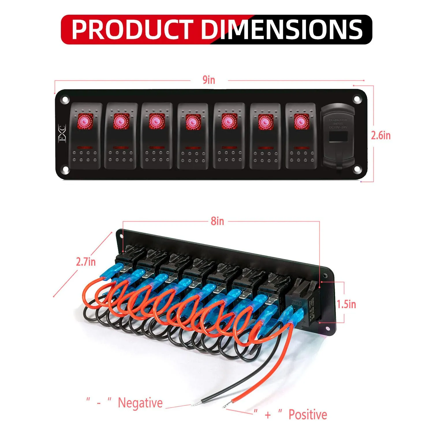 FXC 12V 24V DC 7 Gang Rocker Switch Aluminum Panel with Voltmeter & Dual USB(4.8 A) Fast Charging, Red Backlit Led, Pre-Wired Waterproof for Marine, Boat, Car, Truck, Polaris, Jeep (Red)