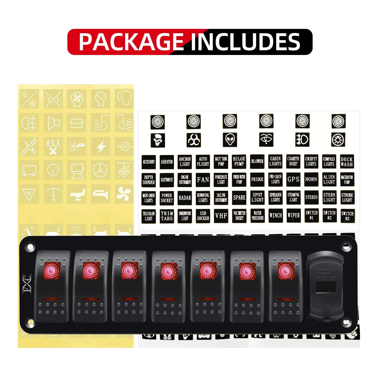 FXC 12V 24V DC 7 Gang Rocker Switch Aluminum Panel with Voltmeter & Dual USB(4.8 A) Fast Charging, Red Backlit Led, Pre-Wired Waterproof for Marine, Boat, Car, Truck, Polaris, Jeep (Red)