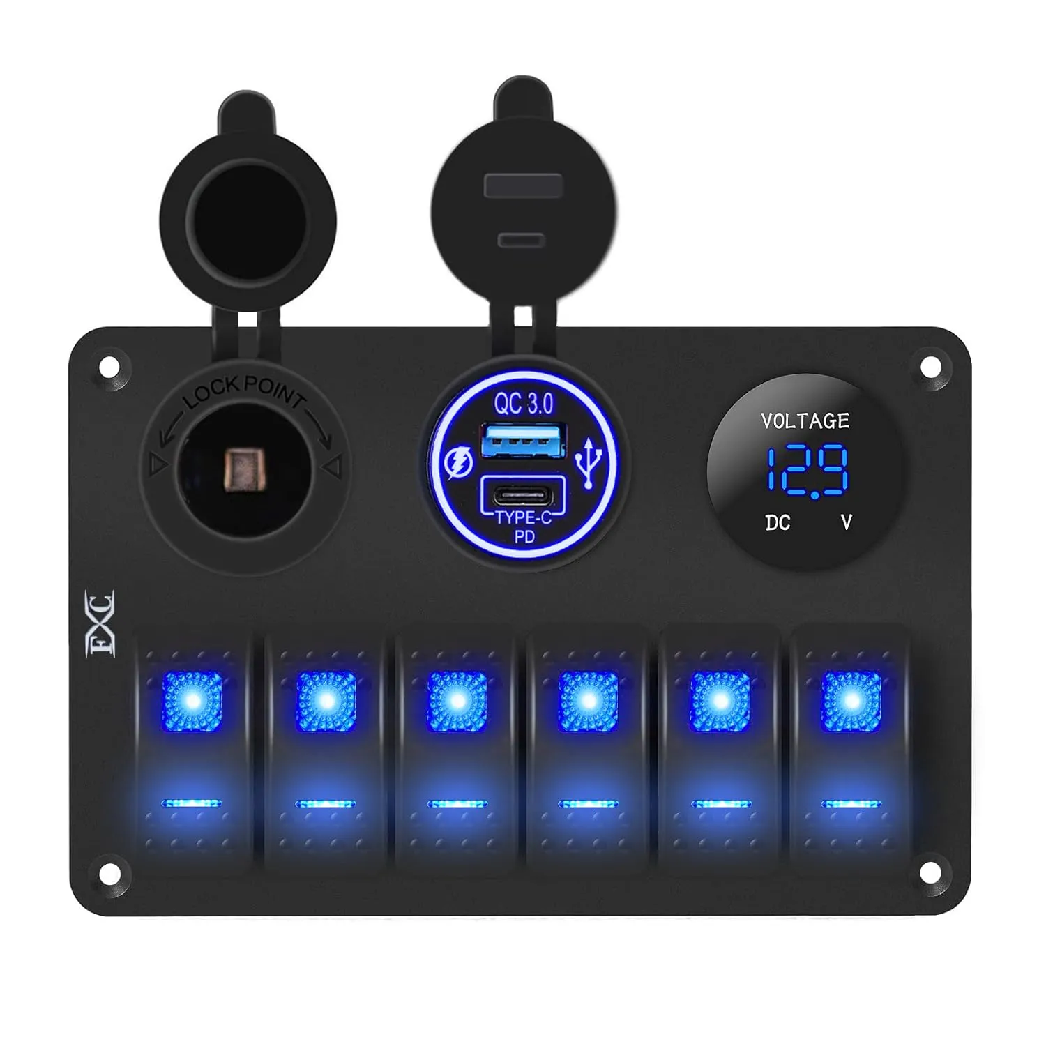 FXC 15A Inline Fuse 6 Gang Marine Rocker Switch Panel Waterproof 12 Volt Toggle Switch Panel Blue LED Lighted for Boat Car RV UTV with QC3.0 USB & Type-C   Cigarette Lighter Socket   Voltmeter