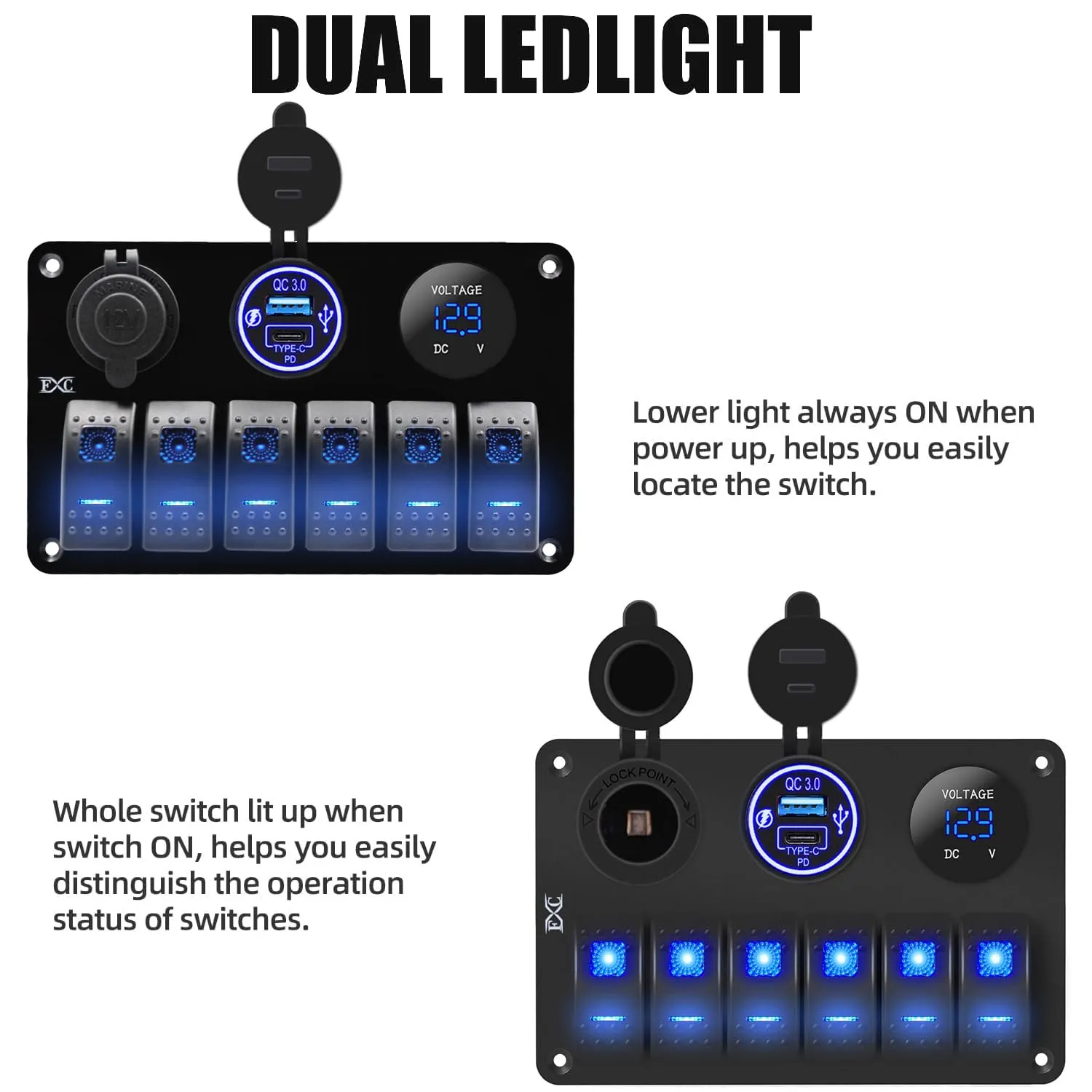 FXC 15A Inline Fuse 6 Gang Marine Rocker Switch Panel Waterproof 12 Volt Toggle Switch Panel Blue LED Lighted for Boat Car RV UTV with QC3.0 USB & Type-C   Cigarette Lighter Socket   Voltmeter