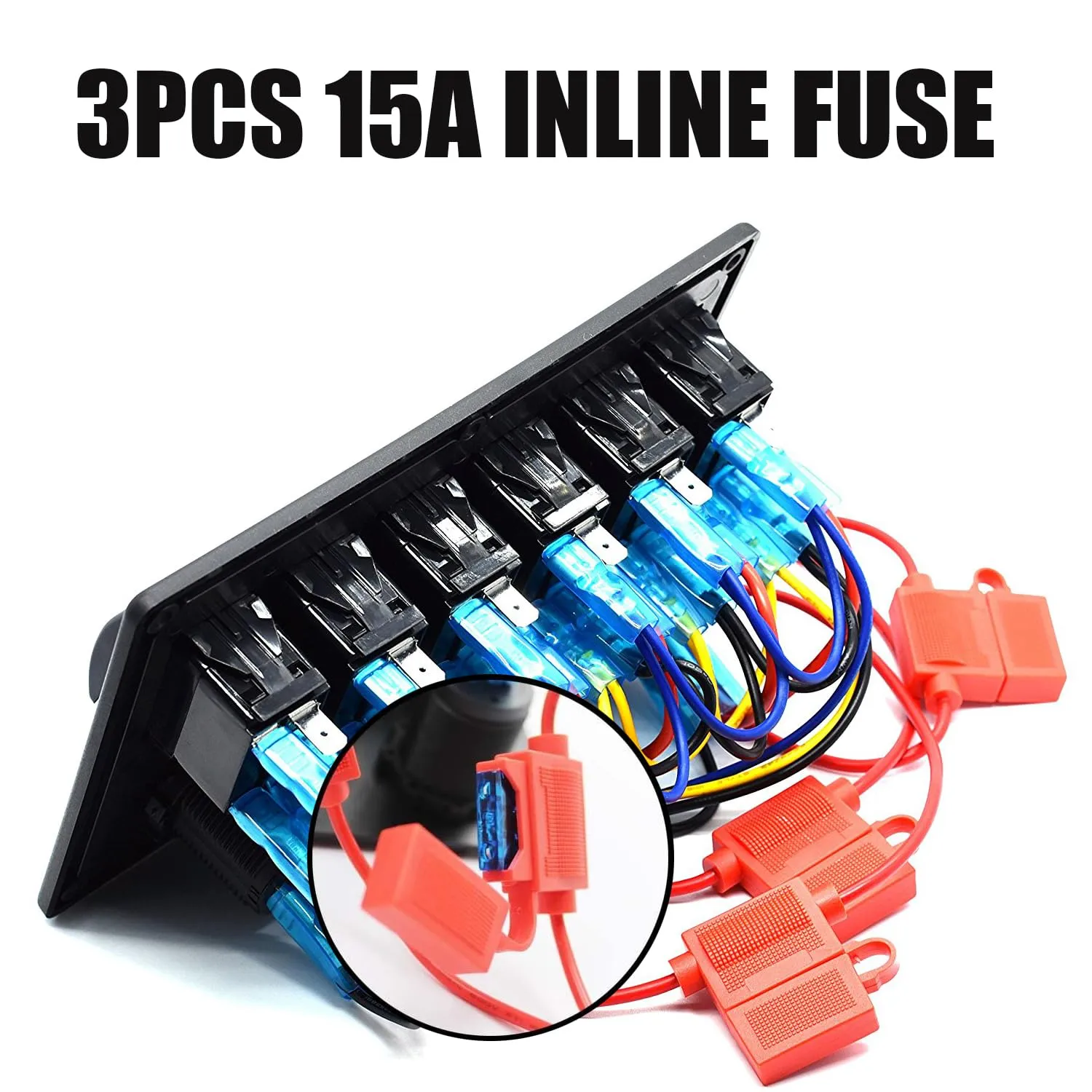 FXC 15A Inline Fuse 6 Gang Marine Rocker Switch Panel Waterproof 12 Volt Toggle Switch Panel Blue LED Lighted for Boat Car RV UTV with QC3.0 USB & Type-C   Cigarette Lighter Socket   Voltmeter