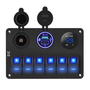 FXC 15A Inline Fuse 6 Gang Marine Rocker Switch Panel Waterproof 12 Volt Toggle Switch Panel Blue LED Lighted for Boat Car RV UTV with QC3.0 USB & Type-C   Cigarette Lighter Socket   Voltmeter