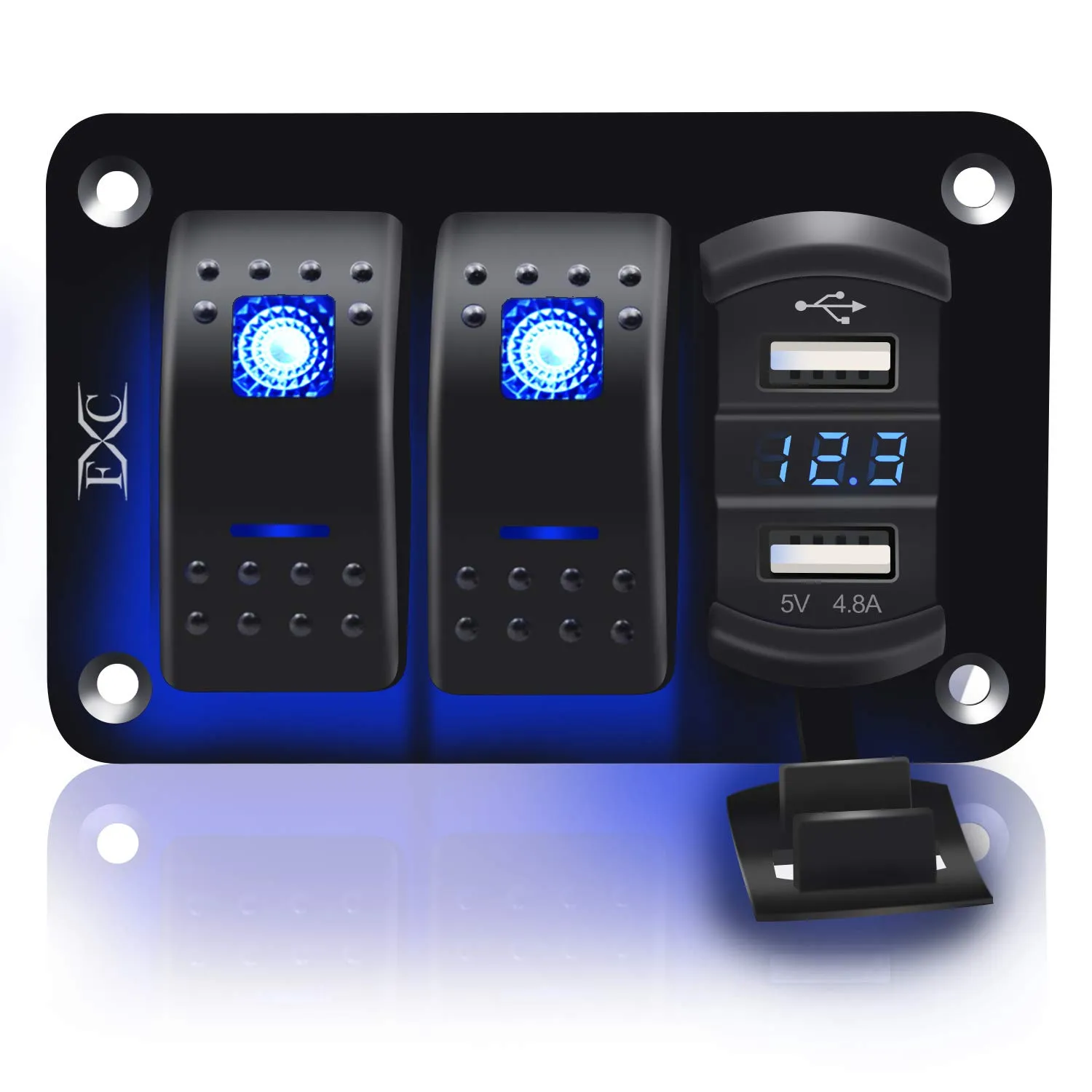 FXC 2 Gang Rocker Switch Aluminum Panel with Voltmeter & Dual USB(4.8 Amps) Fast Charging, Blue Backlit Led, Pre-Wired IP65 Waterproof for Marine, Boat, Car, Truck, Polaris, Jeep (Blue)