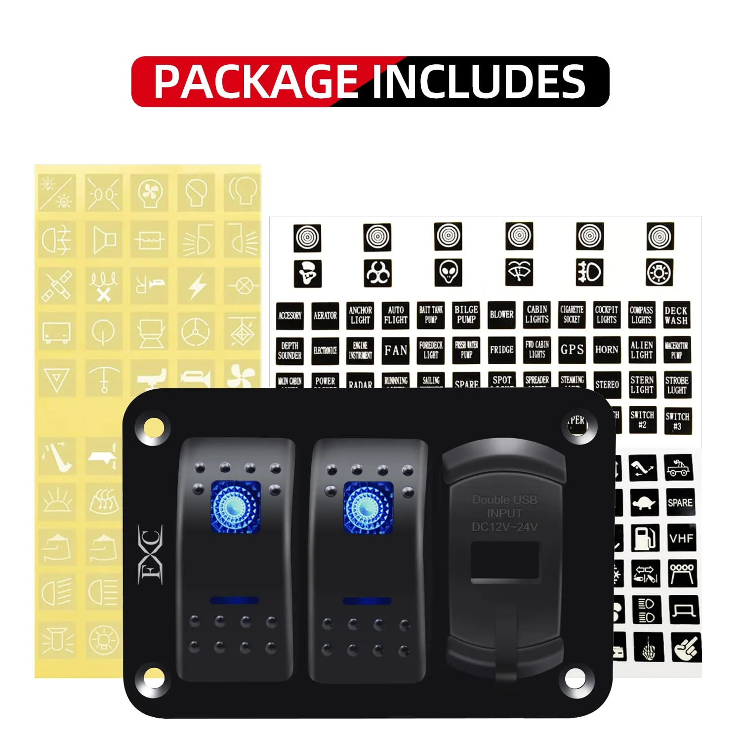 FXC 2 Gang Rocker Switch Aluminum Panel with Voltmeter & Dual USB(4.8 Amps) Fast Charging, Blue Backlit Led, Pre-Wired IP65 Waterproof for Marine, Boat, Car, Truck, Polaris, Jeep (Blue)
