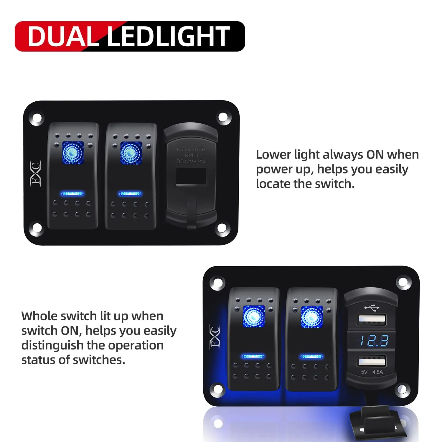 FXC 2 Gang Rocker Switch Aluminum Panel with Voltmeter & Dual USB(4.8 Amps) Fast Charging, Blue Backlit Led, Pre-Wired IP65 Waterproof for Marine, Boat, Car, Truck, Polaris, Jeep (Blue)