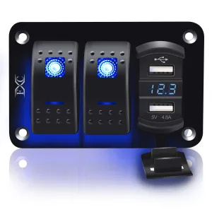FXC 2 Gang Rocker Switch Aluminum Panel with Voltmeter & Dual USB(4.8 Amps) Fast Charging, Blue Backlit Led, Pre-Wired IP65 Waterproof for Marine, Boat, Car, Truck, Polaris, Jeep (Blue)