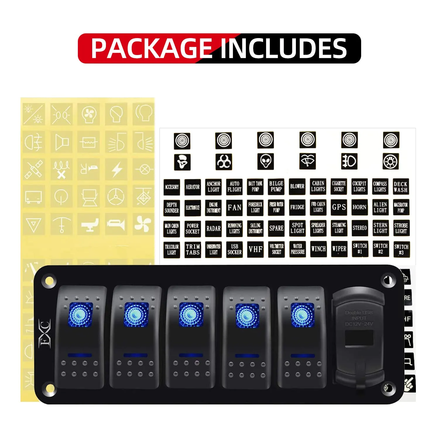FXC 5 Gang Rocker Switch Aluminum Panel with Voltmeter & Dual USB(4.8 Amps) Fast Charging, Blue Backlit Led, Pre-Wired IP65 Waterproof for Marine, Boat, Car, Truck, Polaris, Jeep (Blue)