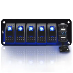 FXC 5 Gang Rocker Switch Aluminum Panel with Voltmeter & Dual USB(4.8 Amps) Fast Charging, Blue Backlit Led, Pre-Wired IP65 Waterproof for Marine, Boat, Car, Truck, Polaris, Jeep (Blue)