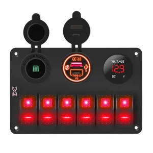 FXC 6 Gang Rocker Switch Panel 12V Marine Switch Panel Waterproof Red LED 5 Pin Marine Rocker Switch Panel with QC3.0 USB & Type-C Power Outlet Socket Voltmeter for Boat Automotive Car