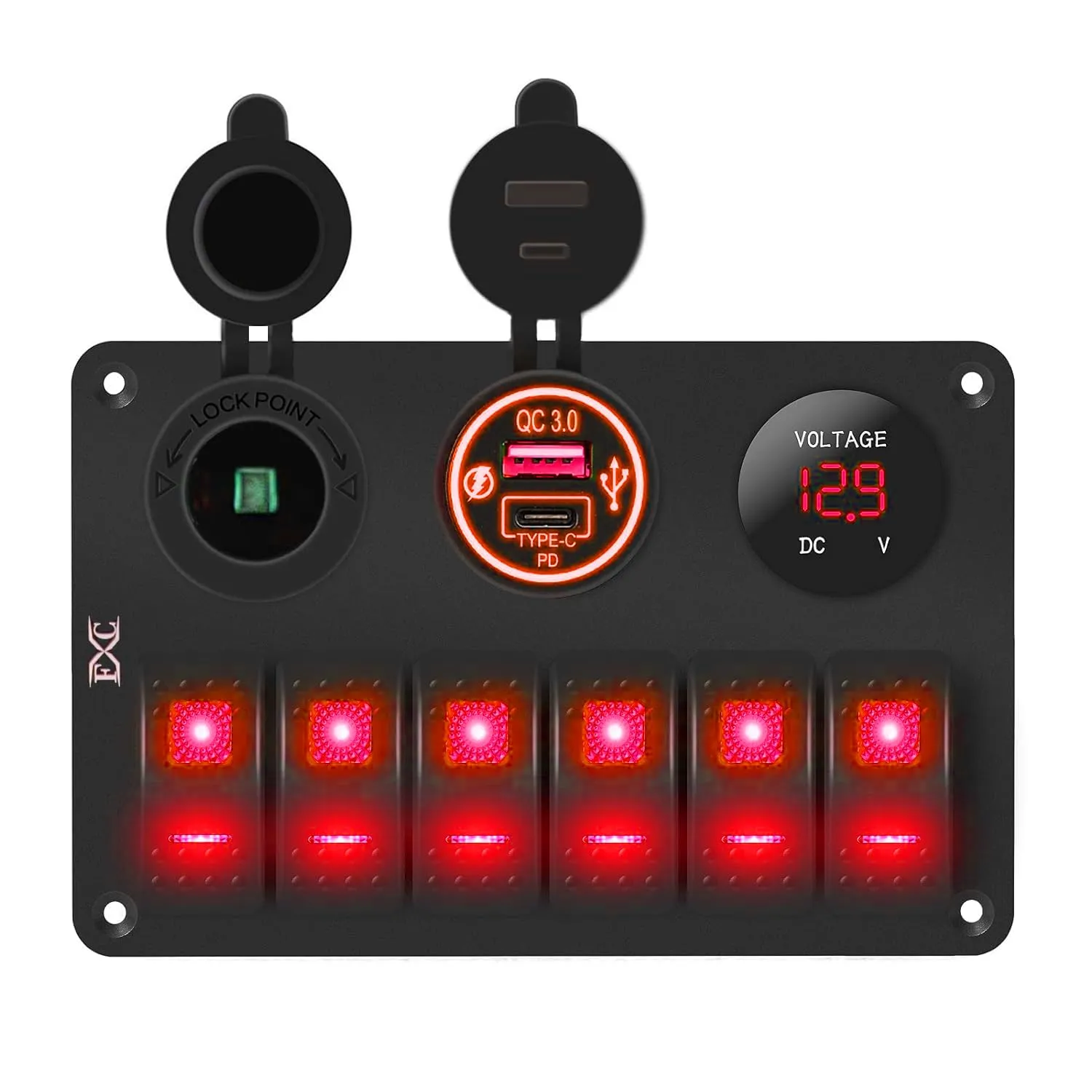 FXC 6 Gang Rocker Switch Panel 12V Marine Switch Panel Waterproof Red LED 5 Pin Marine Rocker Switch Panel with QC3.0 USB & Type-C Power Outlet Socket Voltmeter for Boat Automotive Car