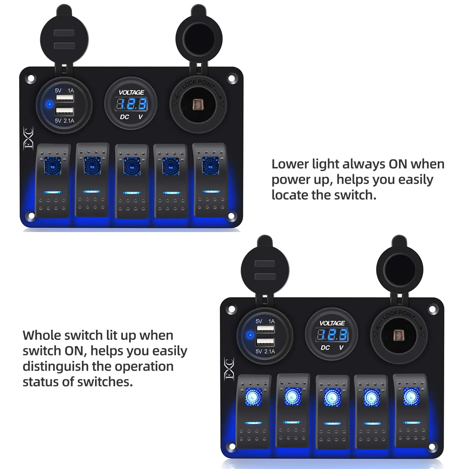 FXC Waterproof Marine Boat Rocker Switch Aluminum Panel 5 Gang with Dual USB Slot Socket 3.1A   Volt Meter Blue LED Light for Car Rv Vehicles Truck (KG0149-5B Blue)