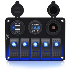 FXC Waterproof Marine Boat Rocker Switch Aluminum Panel 5 Gang with Dual USB Slot Socket 3.1A   Volt Meter Blue LED Light for Car Rv Vehicles Truck (KG0149-5B Blue)