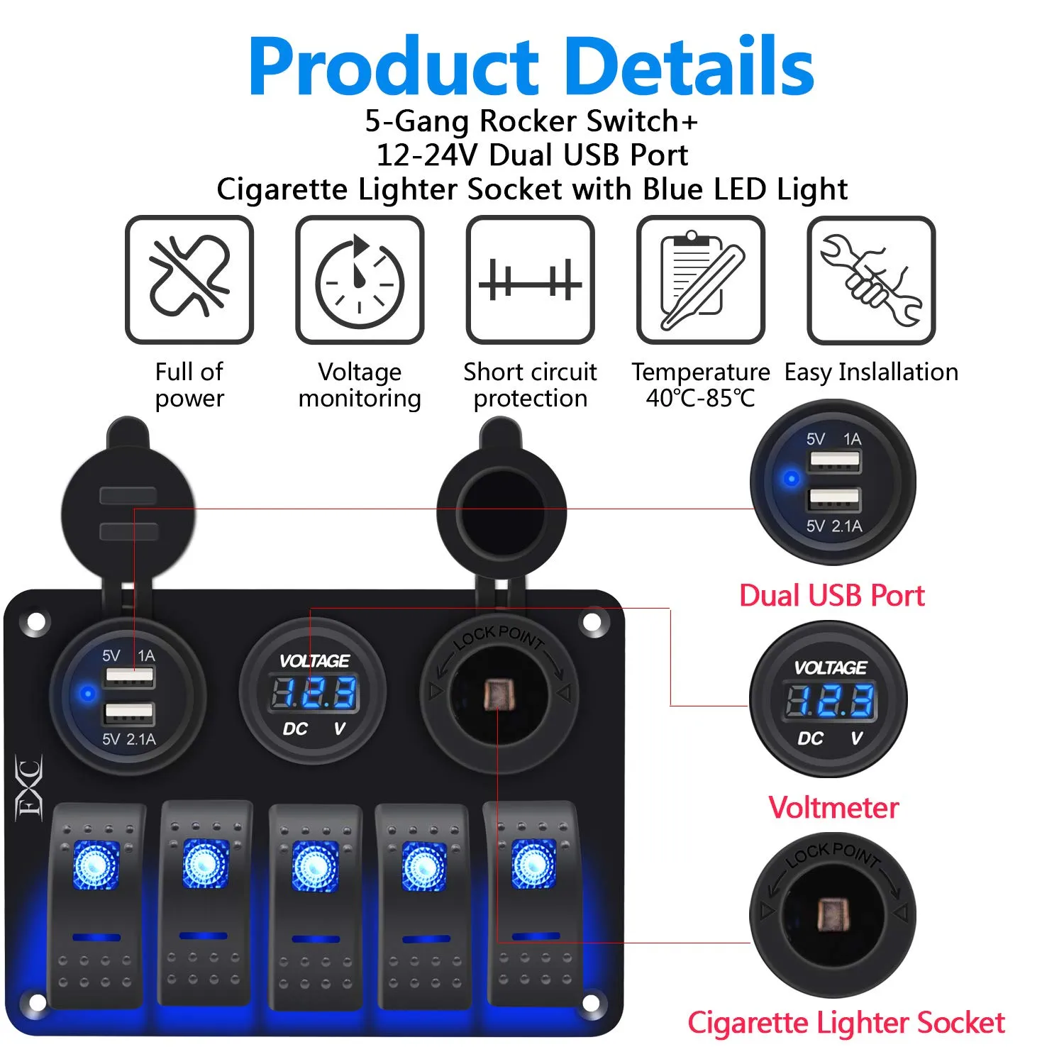 FXC Waterproof Marine Boat Rocker Switch Aluminum Panel 5 Gang with Dual USB Slot Socket 3.1A   Volt Meter Blue LED Light for Car Rv Vehicles Truck (KG0149-5B Blue)