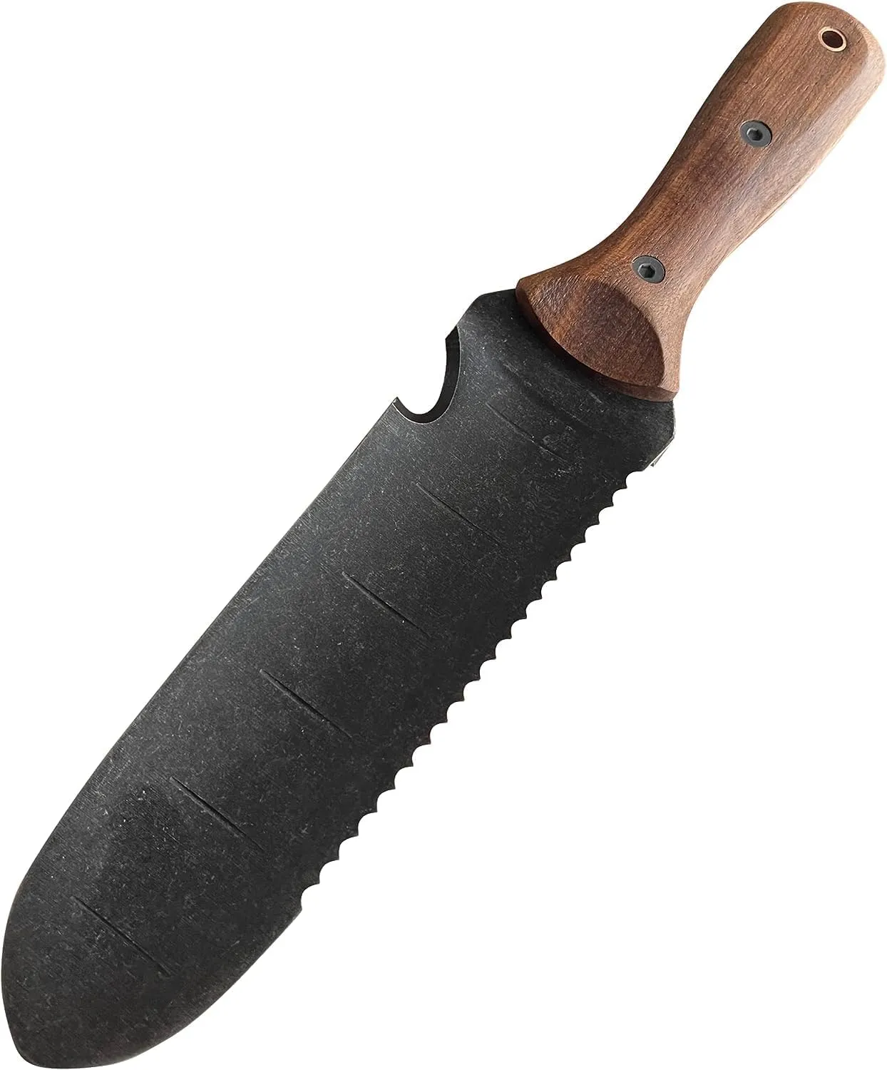 Garden Guru Hori Hori Gardening Knife for Weeding Digging Pruning & Cultivating - Stainless Steel Full Tang Blade | Walnut Wood Handle | Marks for Measuring Planting Depth | Nylon Sheath for Storage