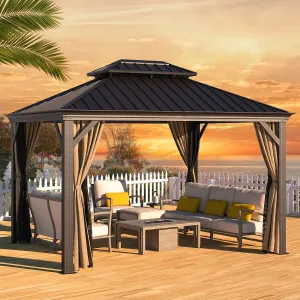 Gazebo 10' x 12' with Mosquito Net and Privacy Sidewalls, Patio Aluminum Permanent Gazebo, All Weatherproof Outdoor Hardtop Metal Gazebos，for Patio, Garden, Parties, Backyard,Lawn.
