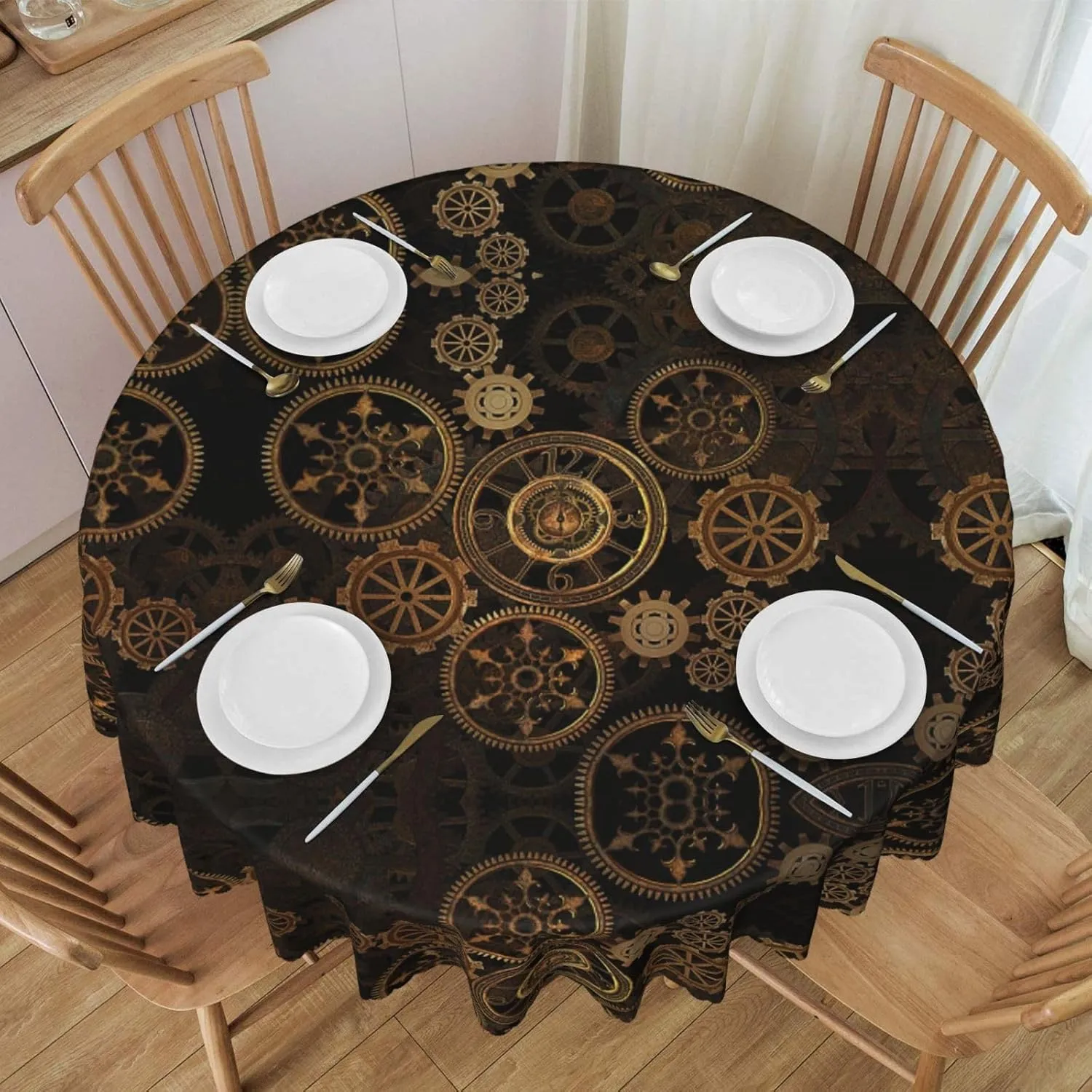 Gears Clock Bronze Century Print Tablecloths are Used for Kitchen Decoration in Restaurants, Picnics, and Indoor/Outdoor Dining