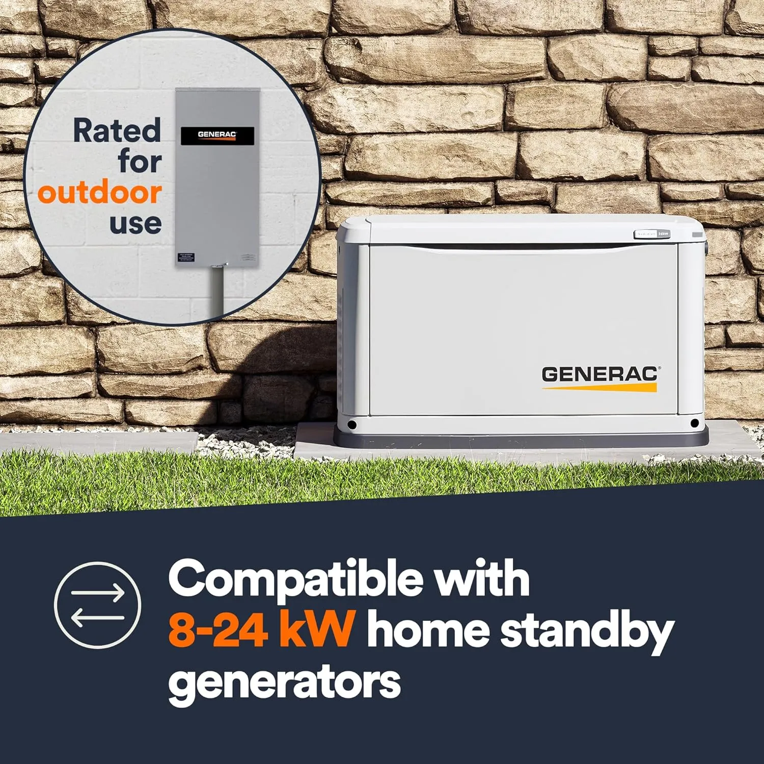 Generac 200 Amp Single Phase Generator Automatic Transfer Switch - Service Entrance Rated - NEMA 3R Outdoor Rated Aluminum Enclosure - Power Management for Indoor and Outdoor Use