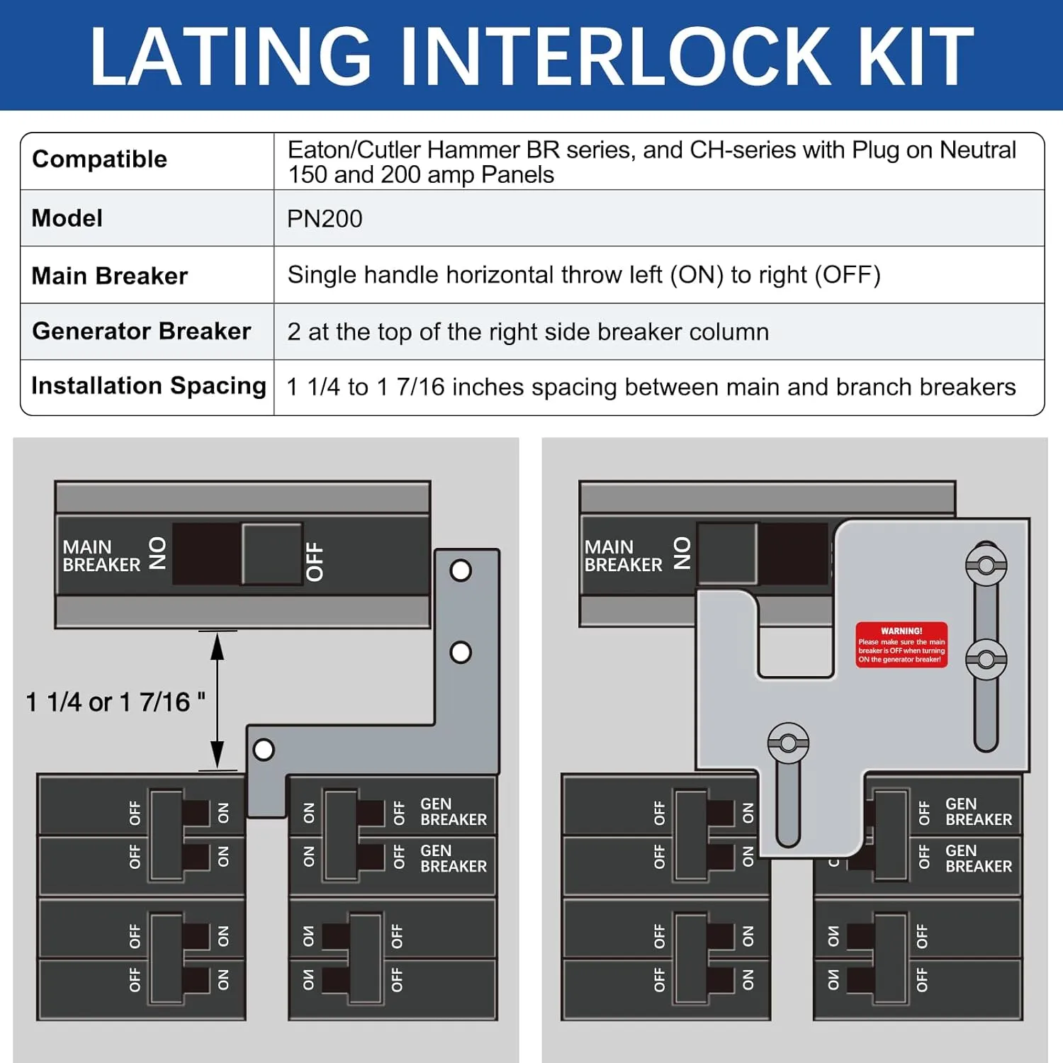 Generator Interlock for Eaton Cutler Hammer BR Series Panels with 1 1/4 to 1 7/16 Inches Spacing, 150 or 200 Amp, Brushed Nickel