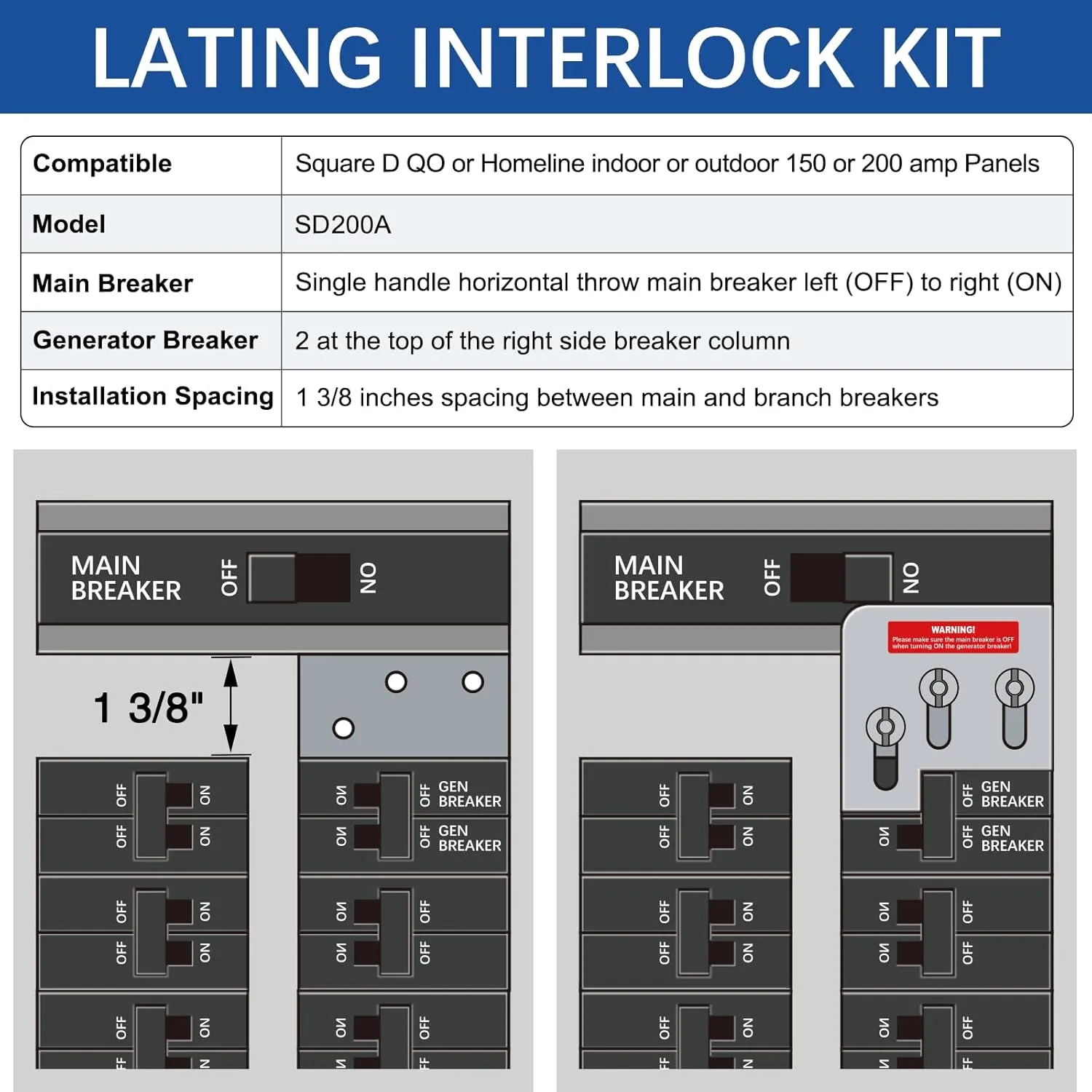Generator Interlock for Square D QO or Homeline 150 or 200 Amp Panels with 1 3/8 Inches Spacing, Silver